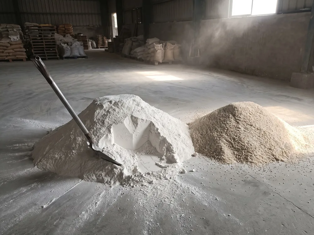 Two heaps of industrial mineral powder on a godown floor, one bright white and fine with a shovel standing in it, one coarser and buff-coloured.