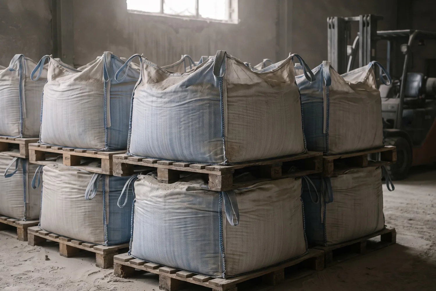 Woven polypropylene bulk bags stacked two high on wooden pallets in a dusty godown, a forklift out of focus behind them.