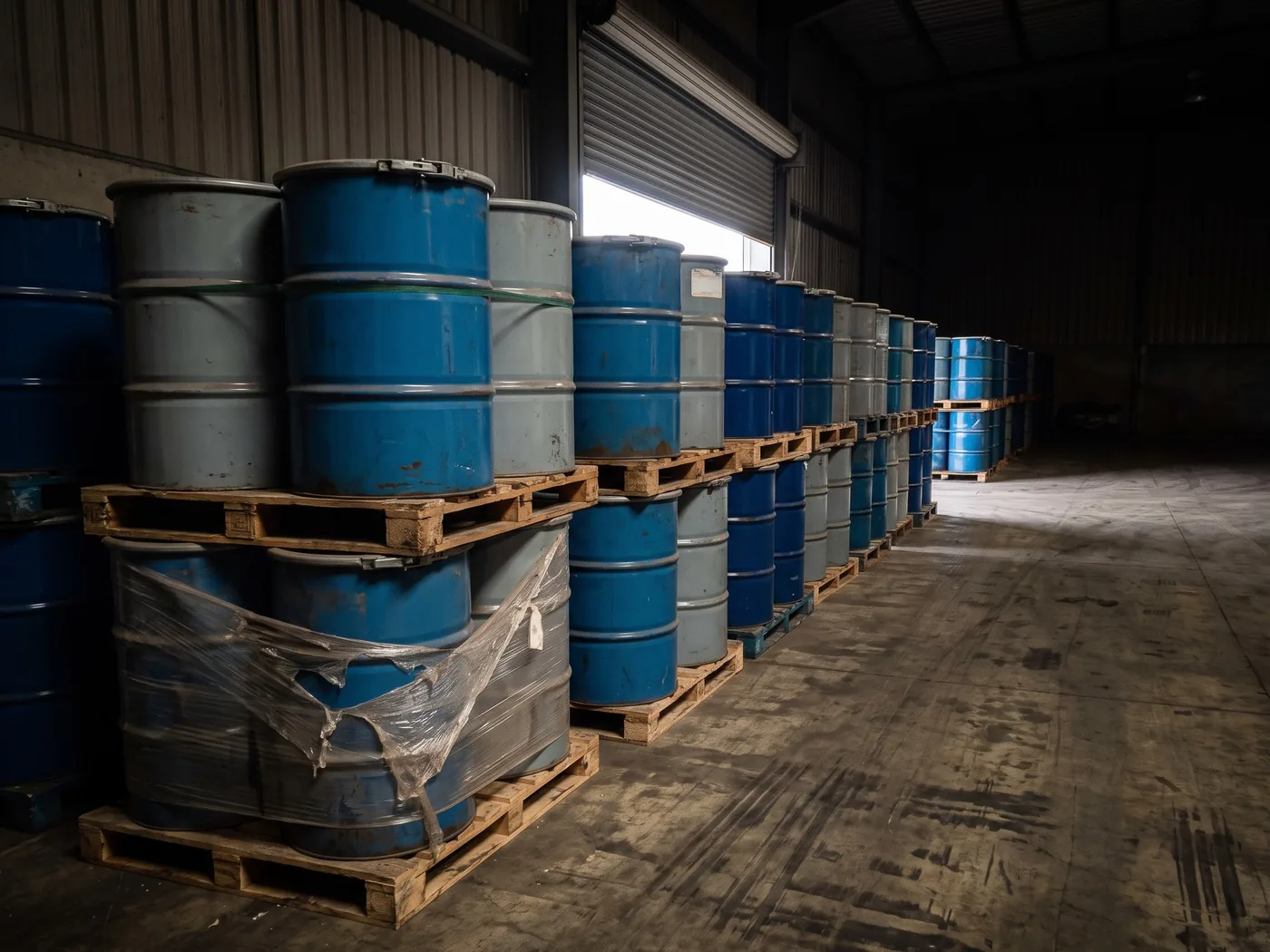 Rows of sealed steel drums on wooden pallets in a godown, lit by daylight from a half-open roller shutter and falling away into shadow.