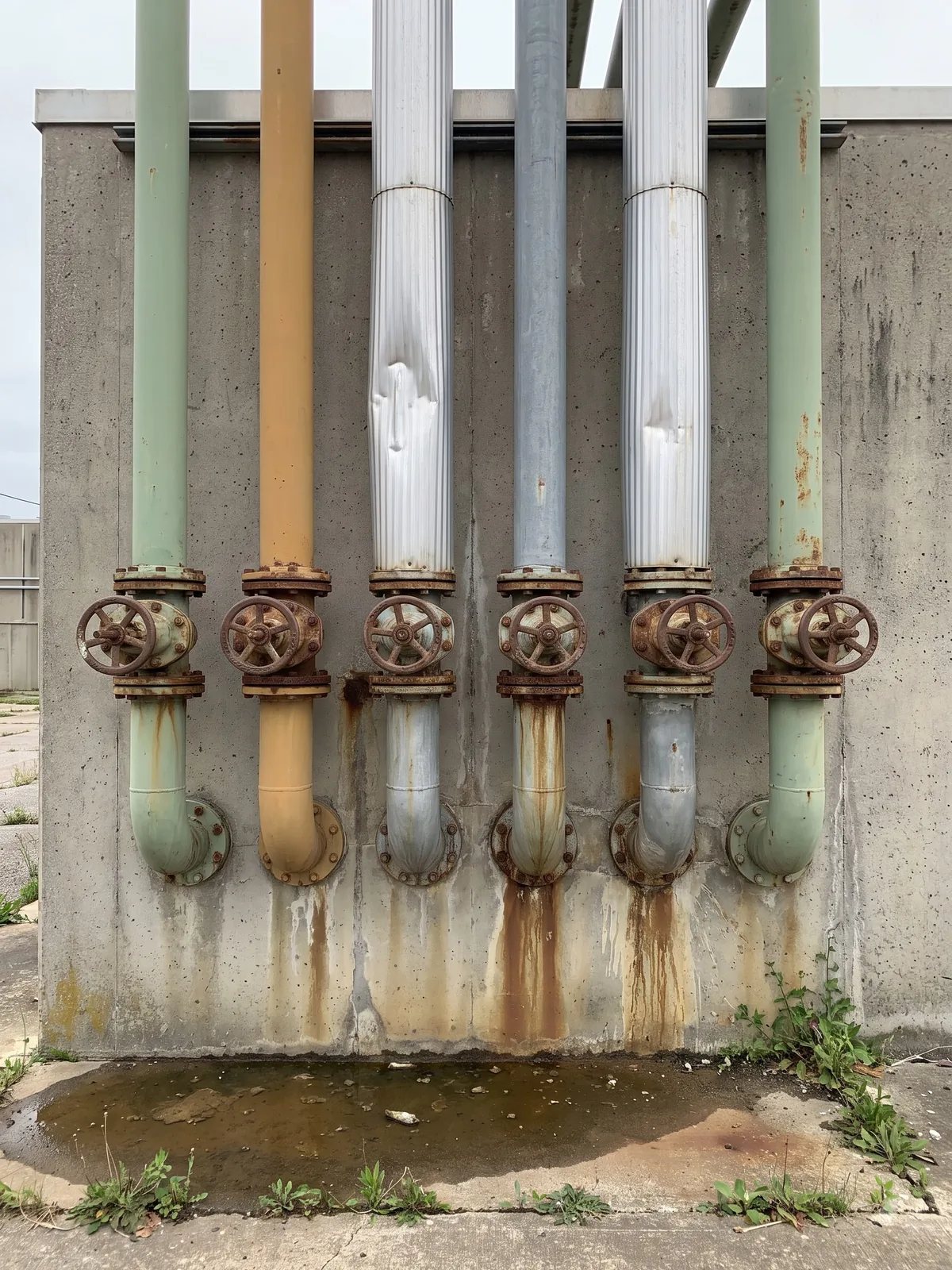 Six hand-operated gate valves on parallel painted pipe runs against a concrete wall, rust staining the wall beneath each one.