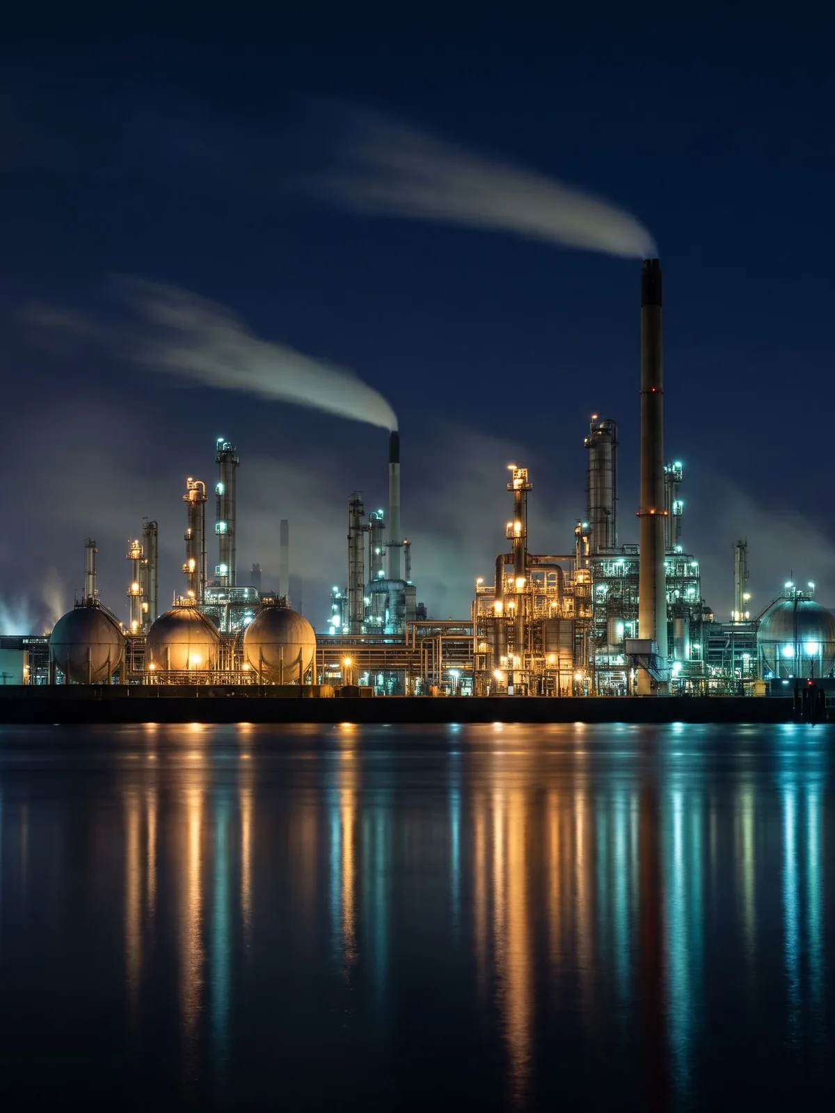 A petrochemical plant at night across a river, lit by hundreds of small work lamps, steam plumes rising from two stacks and the lights reflected in the still water.