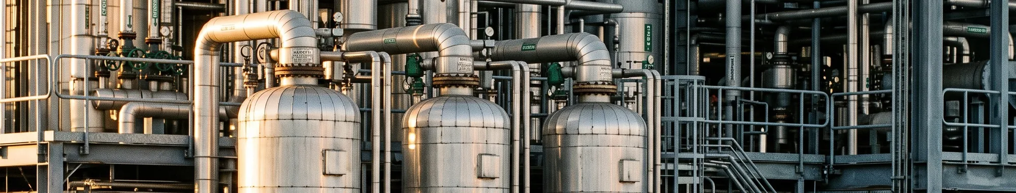 Pressure vessels wrapped in a dense lattice of insulated pipework, valves and access stairs at a chemical works, lit by low afternoon sun.
