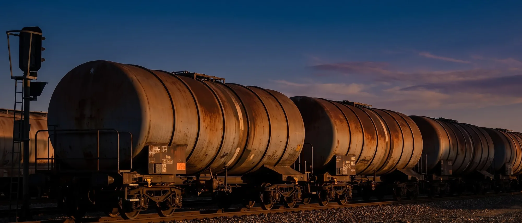 A line of coupled cylindrical rail tank wagons at a siding, rust-streaked and lit along their near sides by the last of the evening sun.